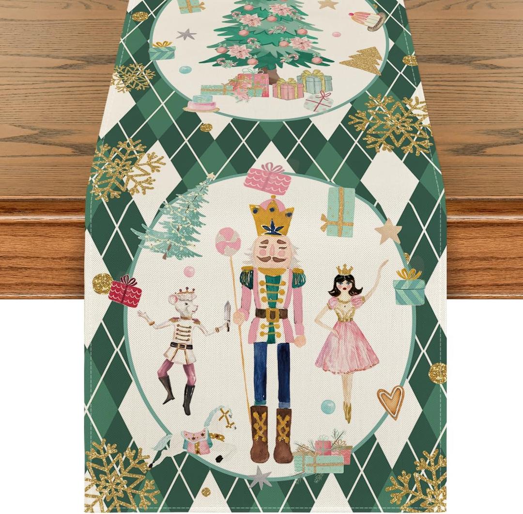 Artoid Mode Green Diamond Plaid Nutcracker Snowflake Christmas Table Runner, Seasonal Winter Kitchen Dining Table Decoration for Home Party Decor 13x90 Inch