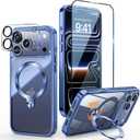 [Tri-Shield Protection] for iPhone 17 Pro Max Case with 360 Spin Stand Compatible with MagSafe [Magnetic CD Ring][Screen & Camera Lens Protector] Shockproof Plating Never-Yellowing, Blue-6.9"