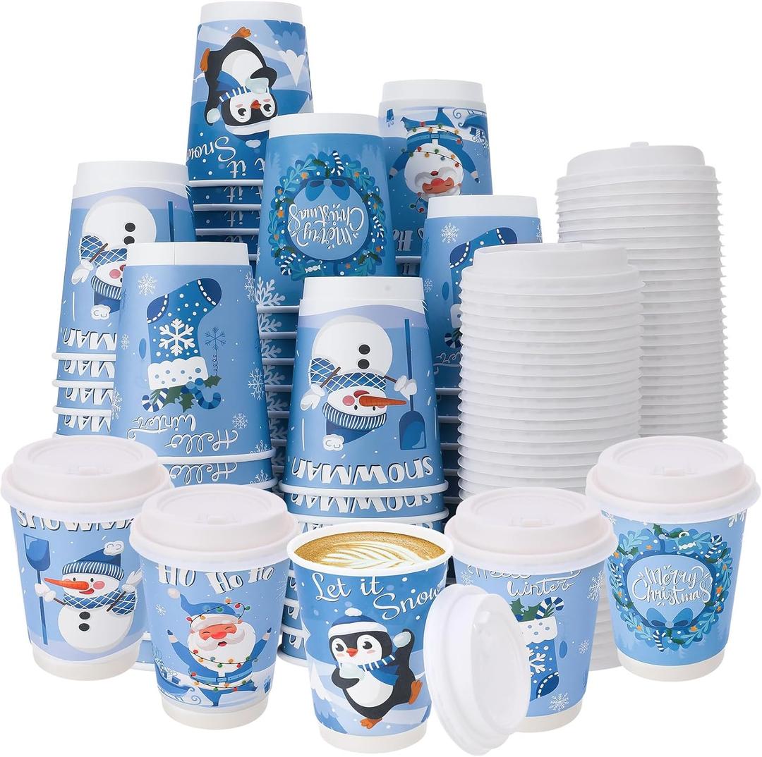 100 Pcs Christmas Coffee Paper Cups with Lids 12 oz Kraft Paper Hot Cocoa Chocolate Cups For Christmas Winter Holiday Party Supplies Blue