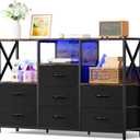 Black Dresser for Bedroom, 65 inch TV Stand with Charging Station & LED Lights, 7 Fabric Drawers with Solid Wood Top for Living Room, Closet