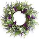 Purple Wildflower Spring Wreath for Front Door, 24 Inch Artificial Door Wreath with Green Leaves, All-Season Farmhouse Wreath for Easter Home Indoor Outdoor Porch Wall Decoration Housewarming Gift
