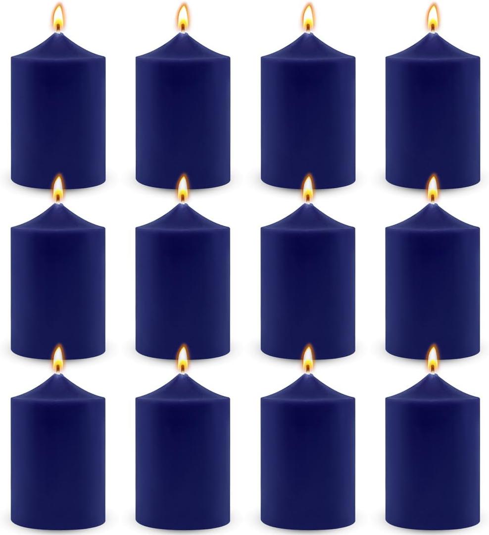 12 Pack 2x3 Inch Navy-Blue Pillar Candles, 24 Hours Dripless Smokeless Unscented Candles for Home Weddings Restaurant Spa Meditation