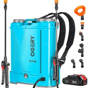 OGERY Battery Powered Backpack Sprayer 4 Gallon, 2.6Ah 21V Battery Electric Pump Sprayer with 6 Nozzles, Telescopic Stainless Steel + Plastic Wand for Lawn Garden Weed Yard Cleaning (Charger Included)