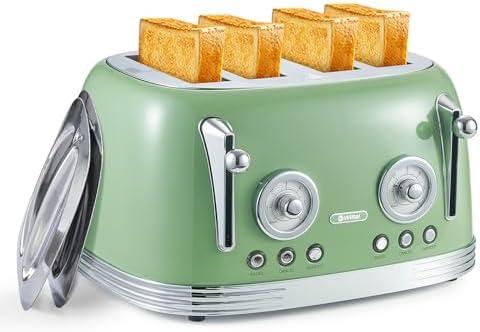 Wiltal 4 Slice Toaster, Retro Green Toaster, Bagel, With Stainless Steel Lid. Reheat, Defrost and Cancel Functions, Countdown Function, 6 Browning Levels, Stainless Steel Material, TR03