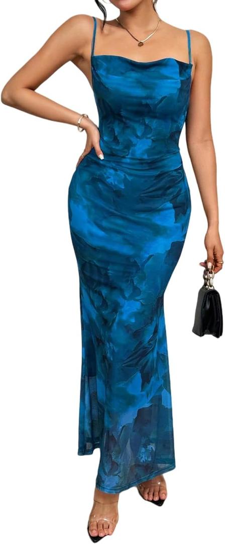 LIGHT DOT Women's Summer Printed Maxi Dress Spaghetti Strap Bodycon Cami Side Slit Mesh Layered (Blue)