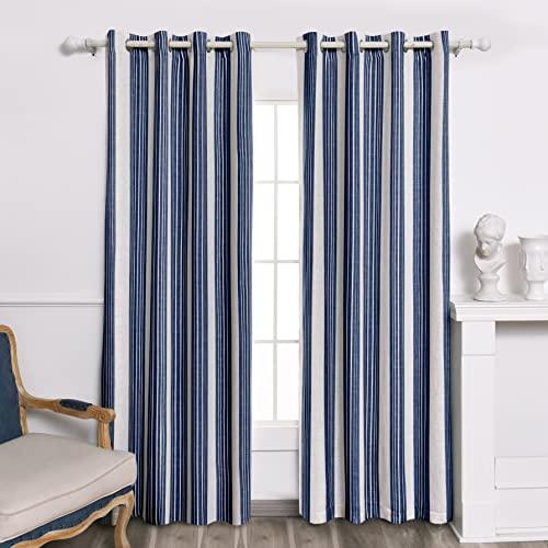 DriftAway Chris Linen Blackout Curtains with Thermal and Sound Reducing Layer 84 Inches Long for Bedroom Striped Printed Drapes Thermal Insulated Lined Window Treatments for Living Room Dark Blue