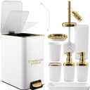 XLHOMO White Bathroom Accessories Set 8 Piece White and Gold Bathroom Set, Bathroom Sets with Stainless Steel Trash Can,Toilet Brush,Toothbrush Set,Soap Dispenser