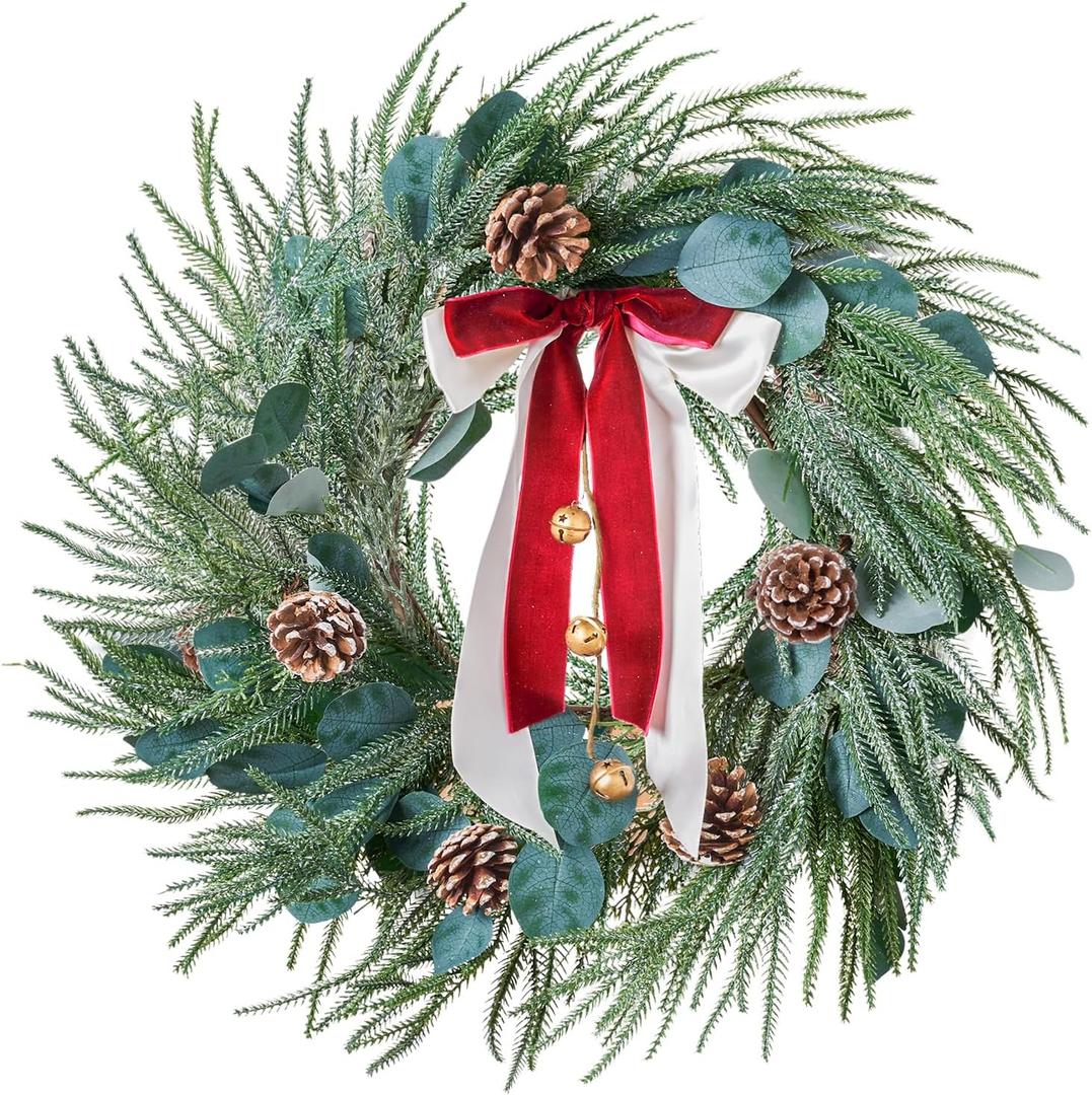 Christmas Wreaths for Front Door Outdoor, 24 Inch Artificial Xmas Winter Wreath, Christmas Wreath for Indoor Window, Wall, Porch, Mantel Decor, Decorated with Pine Cones, Bells & Red Bows Decorations (Red and Beige)