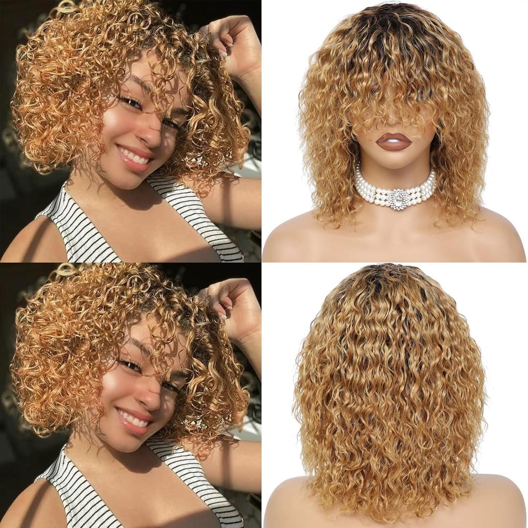 Glueless Wig Short Water Wave Human Hair Wig With Bangs 100 Percent Human Hair No Lace Front Wet And Wavy Wigs For Black Women Ombre Brown And Blonde Highlight T4 27 12 Inch