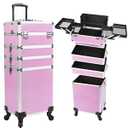 CHUANGJIN 4 in 1 Rolling Makeup Train Case Professional Cosmetic Trolley Large Storage Organizer with Key Swivel Wheels Salon Barber Case (pro, Pink-pro)