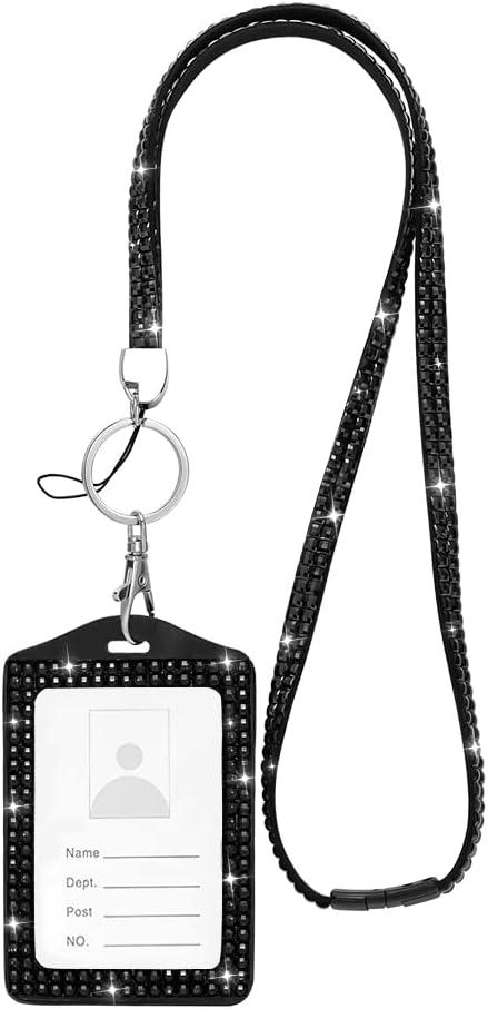 SAVORI Bling Badge Lanyard with ID Holder, Rhinestone Sturdy Neck Lanyard Horizontal Name Card Holder for Women Girl (Black)