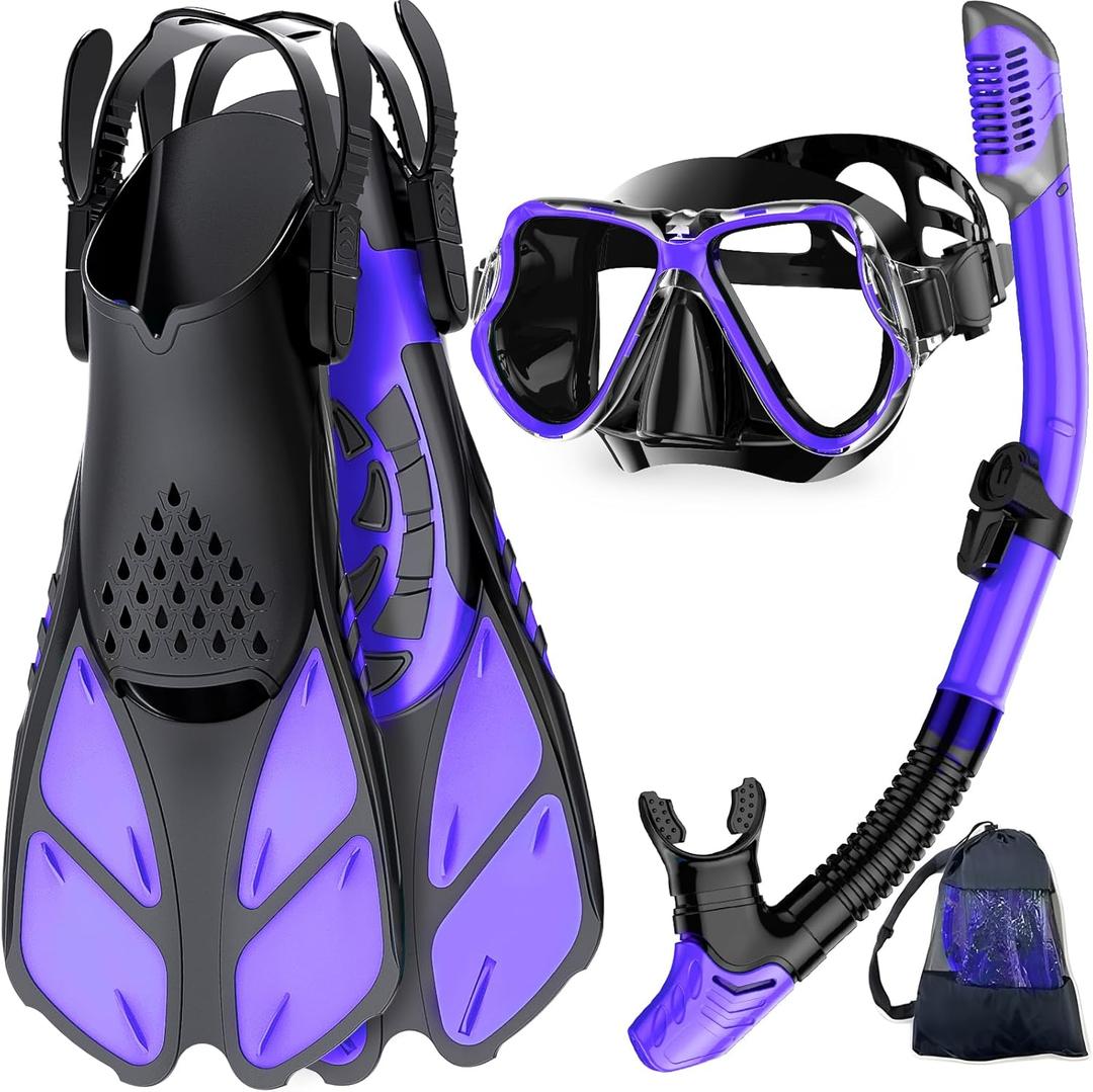 Mask Fins Snorkel Set, Snorkeling Gear for Adults, Panoramic View Snorkel Mask Anti-Fog, Adjustable Dive Flippers, Dry Top Snorkel and Travel Bag, Scuba Gear for Swimming Snorkeling Diving
