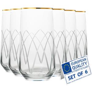 Mat Cut Glass Gold Rimmed Highball Glasses Set of 6, Handmade Tall Glass Cups for Cocktail, Long Drink, Water, Juice, Ice Tea, Mojito, 16 oz (Grass)