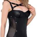 ohyeah Black Faux Leather Mini Dress Teddy Lingerie Sets for Women Sexy Rave Outfit Teddy Lingerie with Garter Belt, XS-4XL (Black, M)