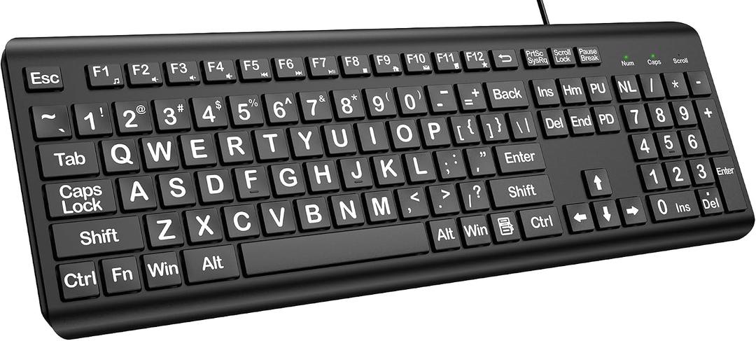 EDJO Large Print Computer Keyboard, Wired USB Full Size Quiet Keyboard with 4X Oversized Print Letters for Visually Impaired Low Vision Individuals Easy to See and Type for PC, Laptop,Windows
