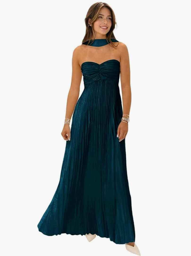 Flowy Chiffon Bridesmaid Dress with Scarf Strapless Formal Evening Dresses, Size 14, bl