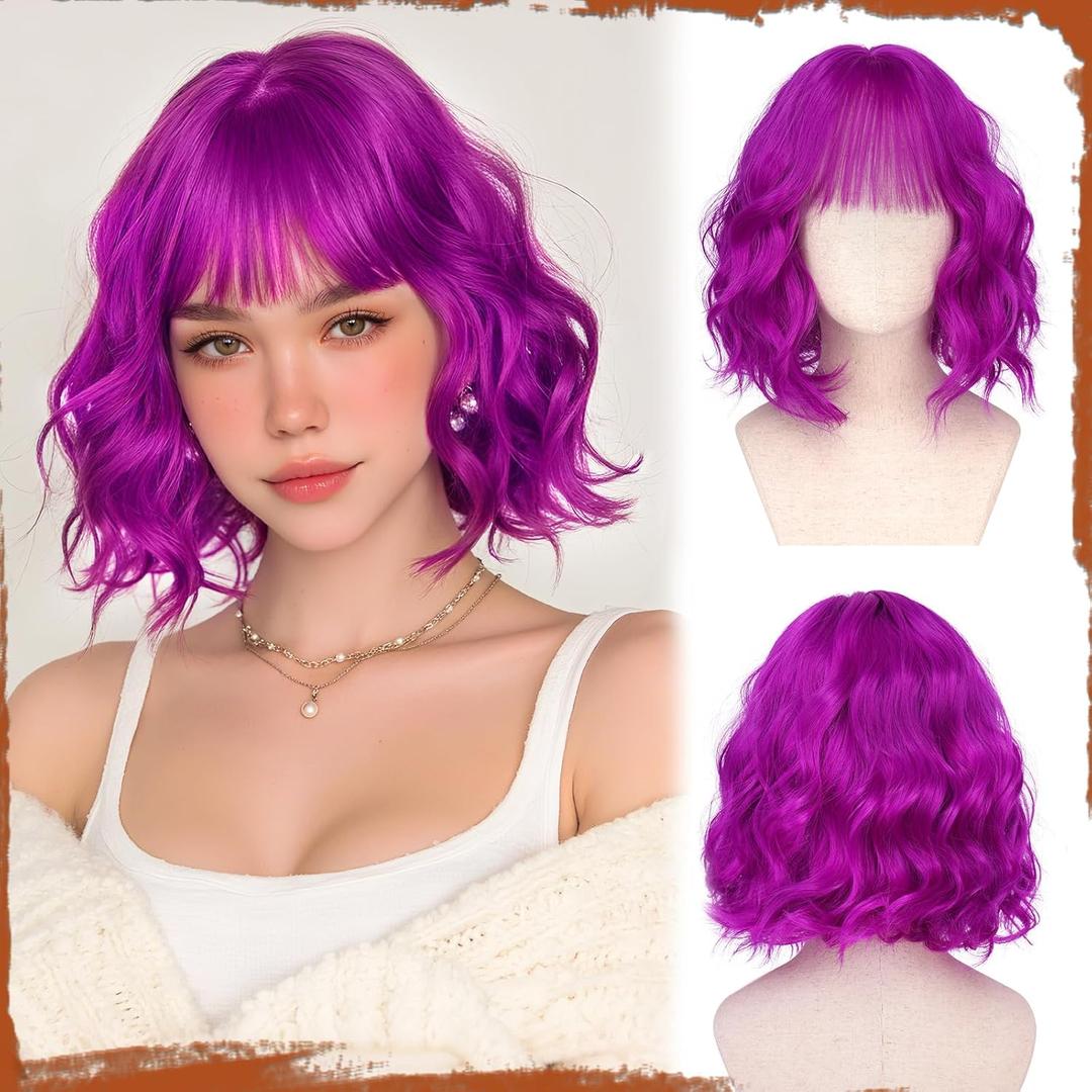 SOFEIYAN Short Wavy Purple Wig - 12 Inch Bob Wig with Bangs for Women Curly Shoulder Length Bob Wig with Bangs Soft Synthetic Hair Wigs for Girls Daily Costume Halloween Party Use