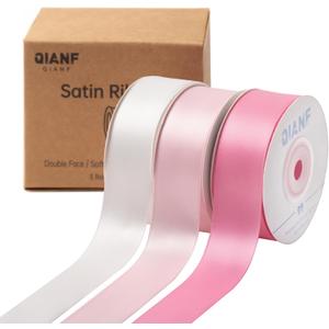 Pink Double Face Satin Ribbon 1 Inch x 45 Yards White Fabric Ribbon for Gift Wrapping, Flower Bouquets, Hair Bows Making, Wedding Decoration, Invitation Cards, Christmas (3 Rolls *15Yd)