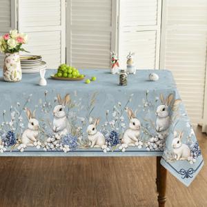 Horaldaily Easter Tablecloth 60120 Inch Rectangular, Blue Easter Bunny Flowers Washable Seasonal Table Cover for Party Picnic Dinner Decor