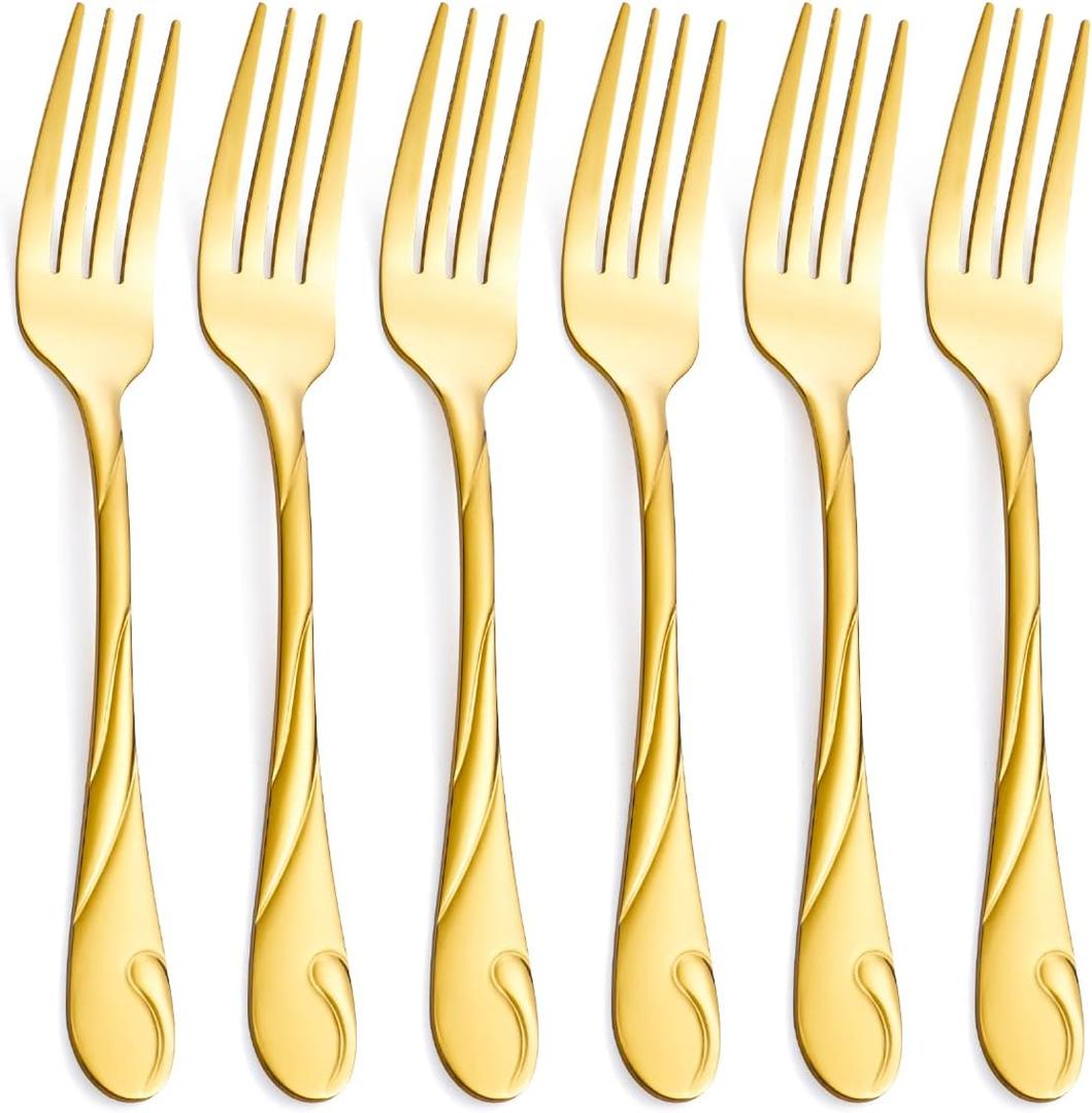 Gold Dinner Fork Set, Seeshine 7.8-inch Stainless Steel Shiny Gold Metal Table Fork Silverware, Set of 6