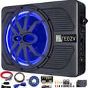 10" 800W Under Seat Car Subwoofer, Slim Powered Speaker with Blue LED Light, Car/Truck Audio Sub Built-in Amplifier, Amp Combo Package, Installation Wire Kit