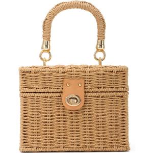 Oweisong Wicker Rattan Purse for Women Summer Beach Woven Straw Tote Bag | Box Basket Bucket, Square Purse, For Vacation, Boho Handbag, Black Beach Bag