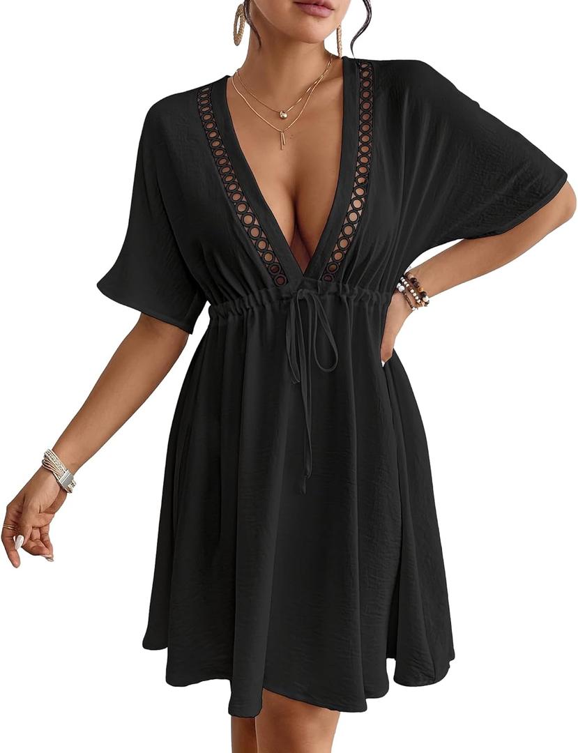 Eddoyee Wome's Swimsuit Coverup V Neck Hollow Out Beach Bathing Suit Flowy Swim Coverup Mini Dress (Large, Black)