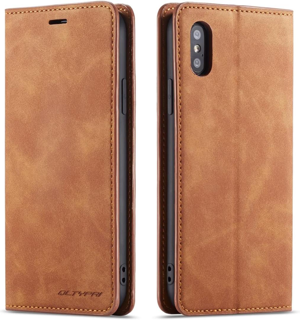 QLTYPRI for iPhone X iPhone Xs Case, Premium PU Leather Cover TPU Bumper with Card Holder Kickstand Hidden Magnetic Adsorption Shockproof Flip Wallet Case for iPhone X iPhone Xs (5.8 inch) - Brown
