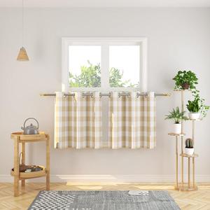 NATUS WEAVER Tier Curtains 24 inches Long Buffalo Check Gingham Plaid Kitchen Window Curtain Panels Bathroom Grommet Top Window Treatment 2 Panels Beige and White