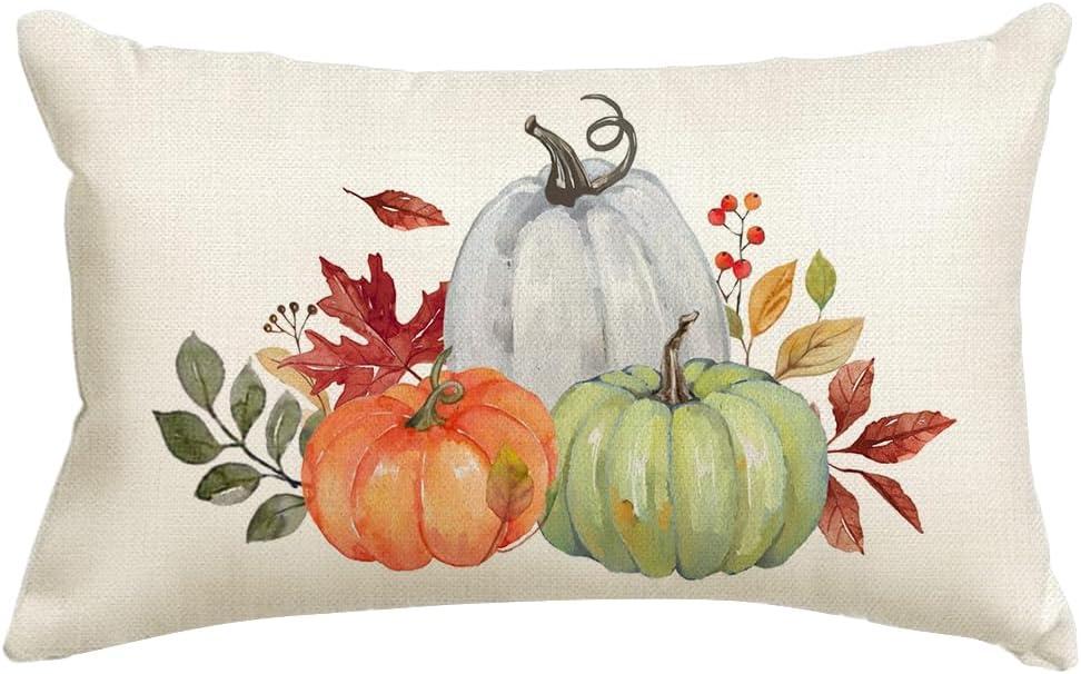 4 x RABUSOFA Fall Pumpkin Pillow Covers 12x20 Inch,Autumn Maple Leaf Thanksgiving Lumbar Cushion Case Decoration for Home Living Room Orange Green(Multicolor, 12"x20")