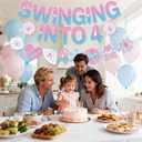 Spider 4th Birthday Decorations Banner - Pre-strung Swinging into 4 Garland with Spider Web and Stars, Pink Blue Ready-to-Hang Party Supplies for Kids Girls 4 Year Old Birthday