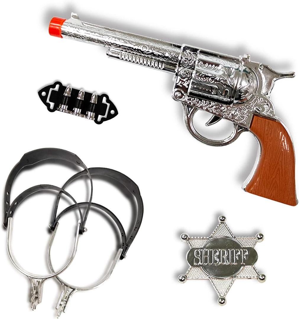 Western Cowboy Toy Kids Role Playing Set, Includes Toy , Badge, Bullets, Spurs,Suitable for Role-Playing, Pretend Play, Cowboy Theme Party Costume Accessories, Stage Performance Props.