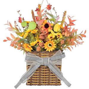 Thanksgiving Fall Door Hanger Basket Wreath Orange Sunflower Wreath, Artificial Autumn Sunflower Wreaths with Flower Mixed Leaves for Front Door Indoor Outdoor Decor Farmhouse Harvest Orange Wreaths