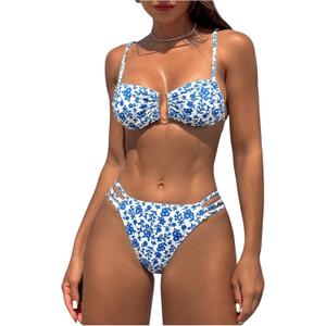 Floerns Women's Floral Print V Wired Summer Cheeky Thong Two Piece Bikini Swimsuit (X-Large, Blue and White)