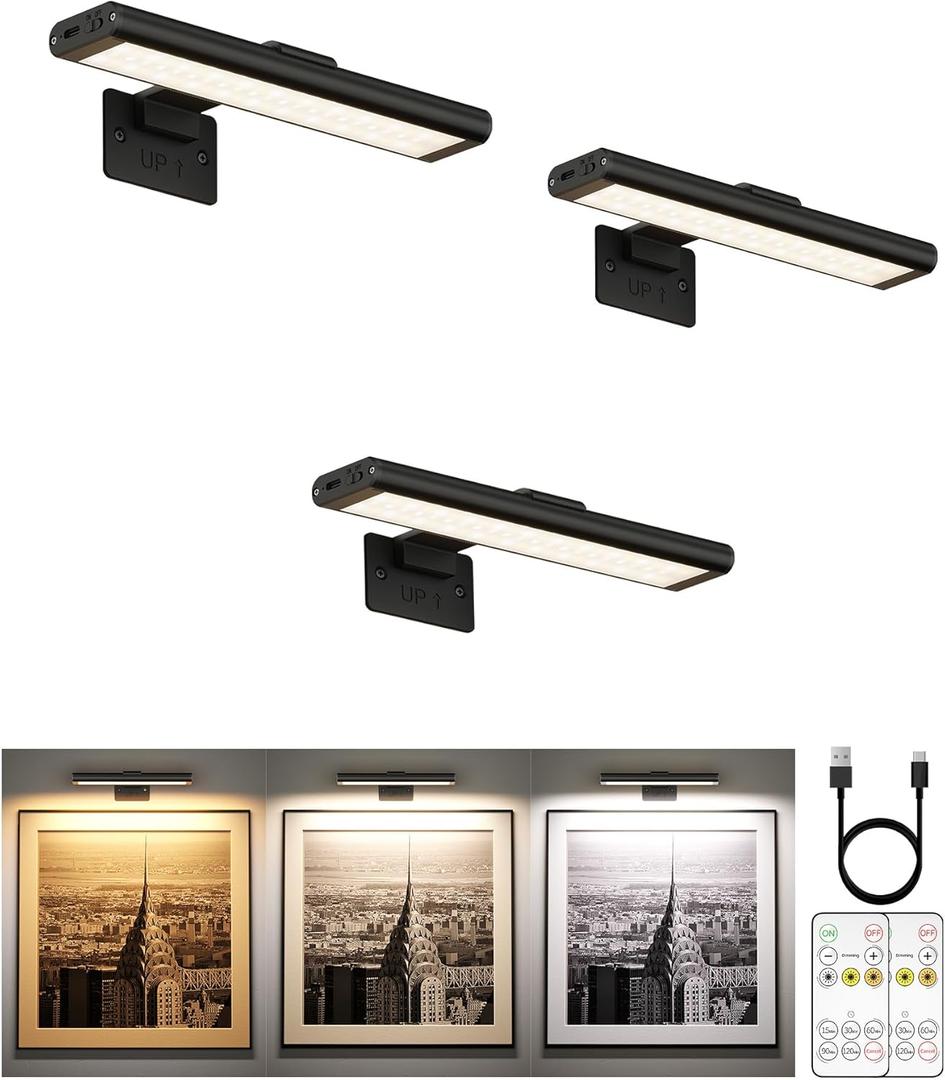 EZVALO Picture Light for Wall, Rechargeable 2400mAh Battery Lights Wireless with IR Remote, 3 Color & Dimmable Magnetic 7.8'' LED Lights Display for Painting, Living Room, Gallery, Bedroom(Black-3P)