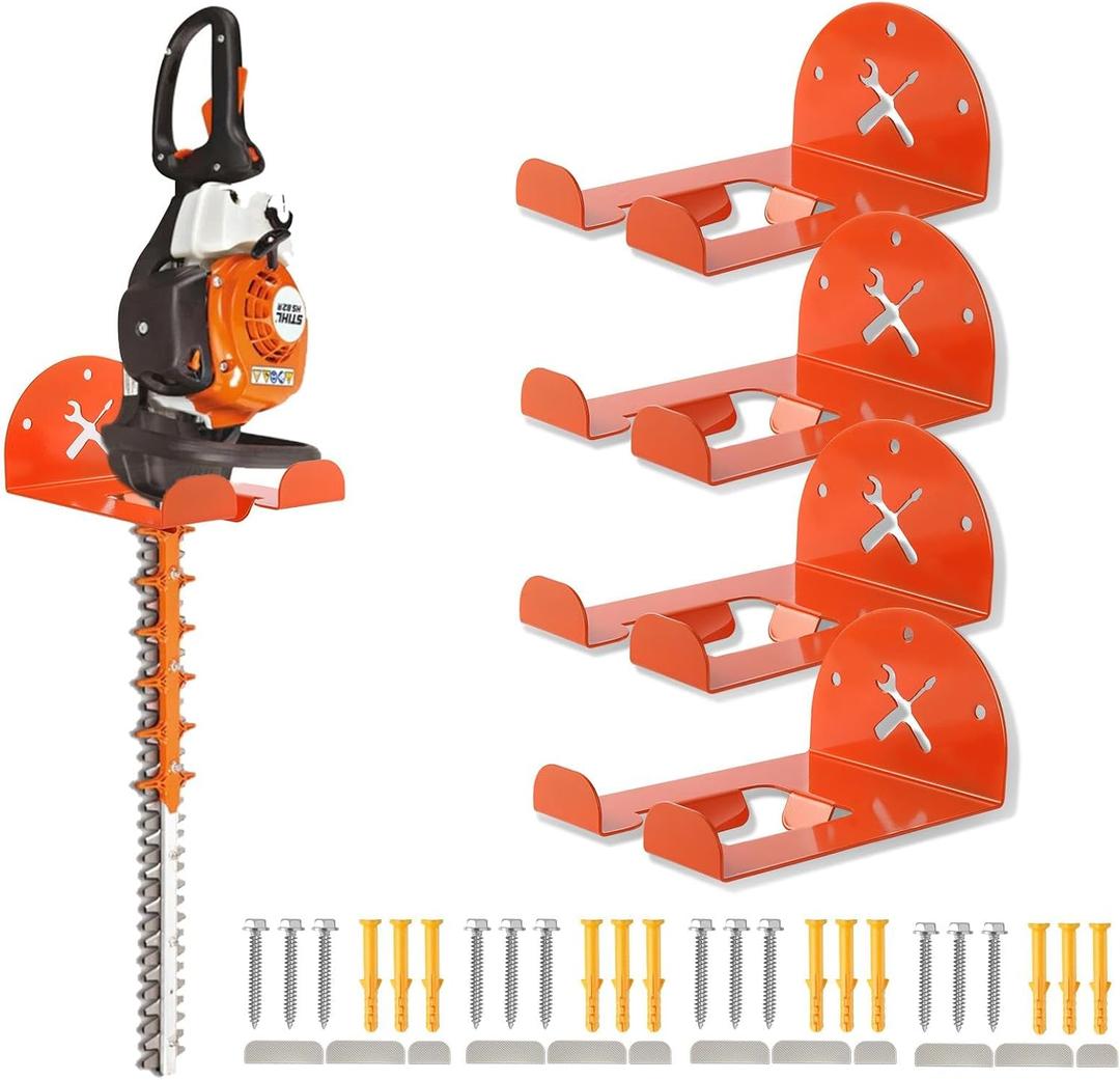Upgraded Trimmer Rack Wall Mount - 8" Heavy Duty Weed Eater Hanger for Garage Wall, Garden Power Tool Holder Organizer Hooks for Grass Trimmer, Hedge Trimmer, Leaf Blower and Chainsaw, Orange, 4 Pack