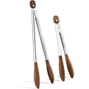10 & 13 Inch Wooden Tongs for Cooking, Kitchen Stainless Steel Salad Tongs with Walnut Wood Tip, Serving Food Toaster Bread Non Toxic Grill Tong, Smooth Locking & Hanging Cooking Utensils Set (Tan Brown)