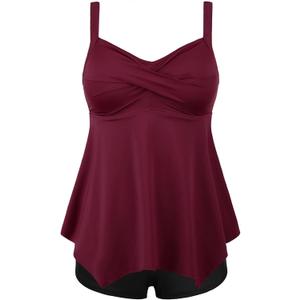 Septangle Tankini Swimsuits for Women Two Piece Bathing Suit for Tummy Control Flowy Twist Front Swimwear Swim Top with Short (12, Wine Red)
