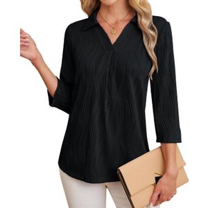 Womens 3 4 Sleeve Blouse Long Sleeve Business Casual Tunic Tops V Neck Work Tops Textured Dressy Casual Shirts (White, L)