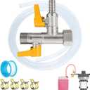 RV 3-Way by-Pass RV Winterizing Kit - Brass RV Pump Converter Winterizing Part, Double Shut-off Design with 59" Hose 4 Clamps, Water System Antifreeze Pump Converter Valve Replacement Kit (1/2"NPT)