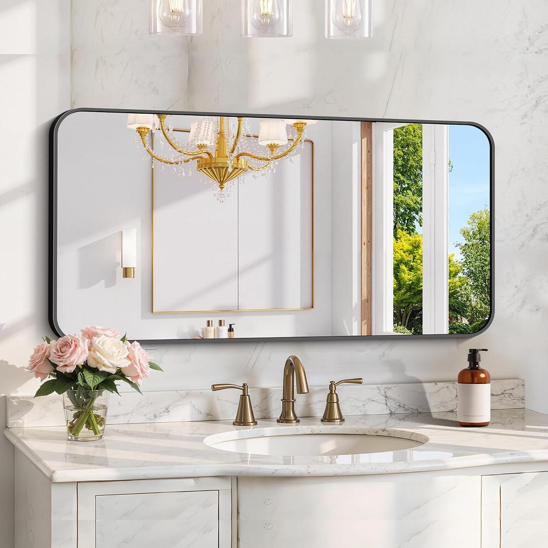 KOCUUY Black Bathroom Vanity Mirror, 24 x 48 inch Metal Frame Mirror with Rounded Corner, Rectangle Design of Upgraded Shatterproof Glass for Bathroom, Bedroom, Living Room, Entryway