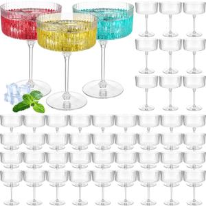 Jingmore 48 Pcs Ribbed Martini Glasses 10 oz Disposable Plastic Vintage Ribbed Coupe Glasses Unbreakable Dessert Parfait Glassware for Wedding Birthday Party Supplies (Clear)
