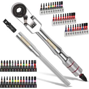 Geinxurn 60Pcs 180 Pivoting Flex Head T-Handle Ratchet Wrench Set, 72-Tooth 1/4" Reversible Ratchet with Extension Bar, Socket Adapter & 1" Impact Screwdriver Bits (Phillips/Torx/Hex) for DIY