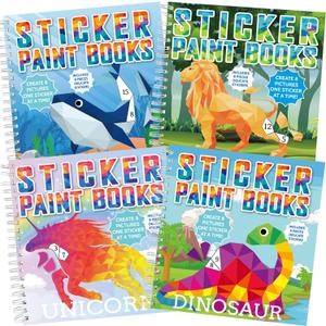4 Pcs Paint by Sticker Books Sticker by Number Books Activity Book Puzzle Book Craft Art Gift with Dinosaur Unicorn Ocean Animal 32 Pictures