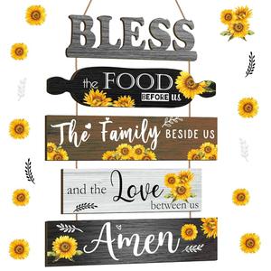 Wesiti 5 Pieces Kitchen Wall Decor Bless the Food Before Us Sign Farmhouse Rustic Dining Room Wall Art Wooden Hanging Signs for Kitchen Decor Hanging Plaque for Home(Sunflower)