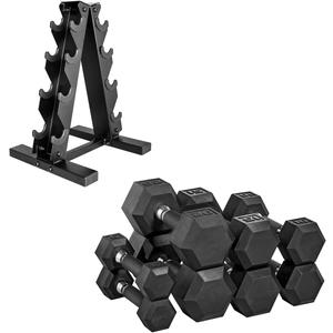 CAP Barbell Rubber Coated Dumbbell Weight Set with Vertical Rack | 100 lb, 150 lb, and 210 lb Options