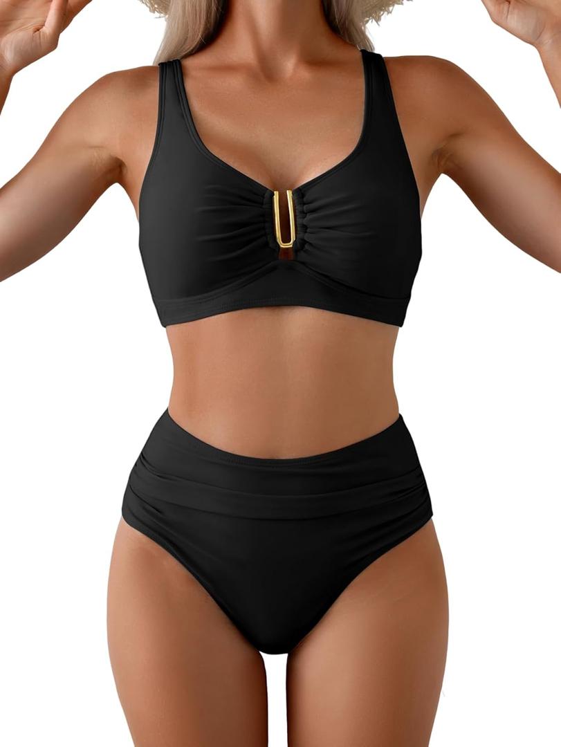 Eomenie Bikini Sets for Women High Waisted Two Piece Bathing Suit U Wired V Neck Swimsuit Adjustable Straps Swimwear (X-Large, Black-new)