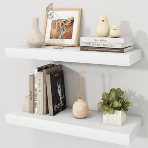 White Floating Shelves for Wall, 9.3" Deep Wall Mounted Wood Shelves for Bathroom, Bedroom, Living Room, Kitchen, Hanging Shelf for Books/Storage/Room Decor (White, 24"), 24" Set of 2
