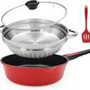 12-Inch Non Stick Deep Frying Pan Skillet with Steamer, 5 QT Nonstick Saute Pan with Lid & Detachable Handle, Induction Cooking Pan, Compatible with All Cooktops, Oven Safe, PFOA Free, Red