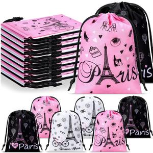 Cunno 24 Pcs Paris Drawstring Bags Favors Eiffel Tower Gift Bags Bulk Paris Birthday Decorations 7.1 Inch Pink White Black Treat Drawstring for Girls Women Gym Birthday Tea Party Supplies